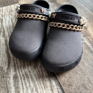 CROCS Black Clogs with Gold Chain and Pearl Accents